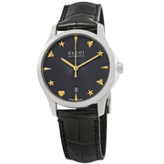 Gucci G Timeless Automatic Black Dial Black Leather Strap Watch For Women - YA126469