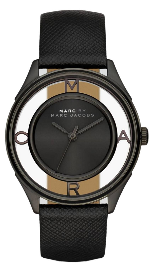 Marc Jacobs Tether Transparent Black Dial Black Leather Strap Watch for Women - MBM1379