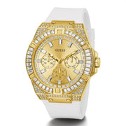 Guess Baguette Crystals Gold Dial White Silicone Strap Watch For Men - GW0208G3