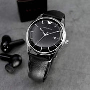 Emporio Armani Lambda Classic Quartz Black Dial Black Leather Strap Watch For Men - AR11020