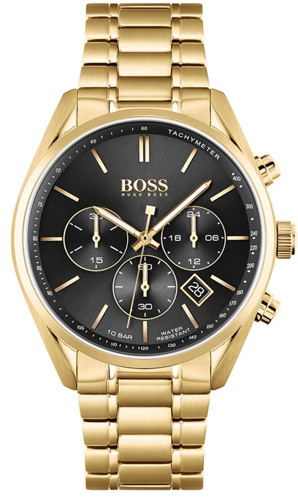 Hugo Boss Champion Chronograph Black Dial Gold Steel Strap Watch for Men - 1513848