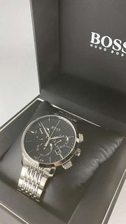 Hugo Boss Associate Black Dial Silver Steel Strap Watch for Men - 1513267
