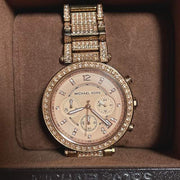 Michael Kors Uptown Glam Parker Chronograph Rose Gold Dial Steel Strap Watch for Women - MK5663