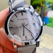 Burberry The City Beige Dial Chequered Brown Leather Strap Watch for Women - BU9029