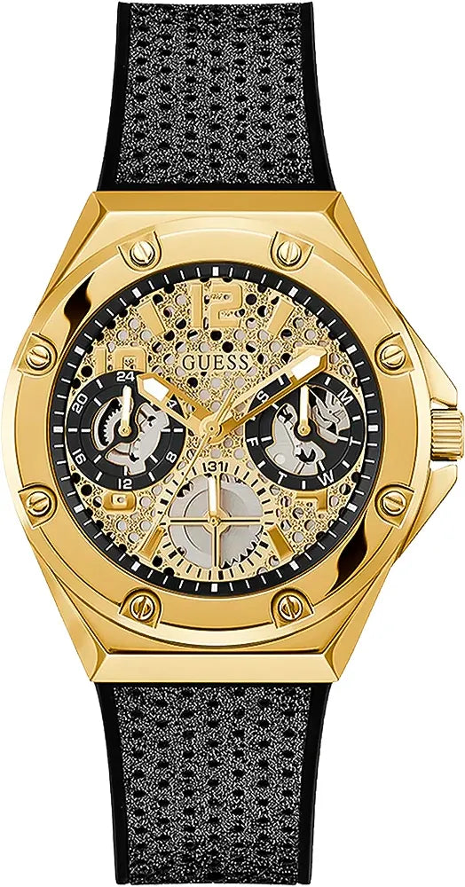 Guess Asteria Multifunction Gold Dial Black Rubber Strap Watch For Women - GW0620L2