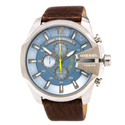 Diesel Mega Chief Chronograph Blue Dial Brown Leather Strap Watch For Men - DZ4281