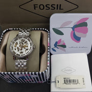 Fossil Boyfriend Automatic Skeleton Silver Dial Silver Steel Strap Watch for Women - ME3067