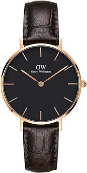 Daniel Wellington Classic Petite York Black Dial Brown Leather Strap Watch For Women - DW00100170