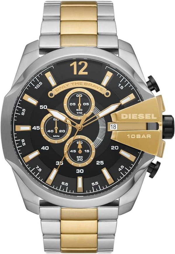 Diesel Mega Chief Chronograph Black Dial Two Tone Steel Strap Watch For Men - DZ4581