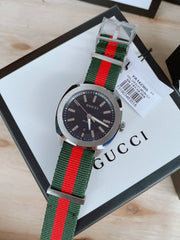 Gucci GG2570 Quartz Black Dial Green & Red Nylon Strap Watch For Men - YA142305