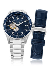Maserati SFIDA Automatic Skeleton Blue Dial Silver Steel Strap Watch For Men - R8823140007