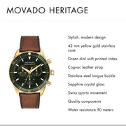 Movado Heritage Chronograph Green Dial Brown Leather Strap Watch For Men - 3650062