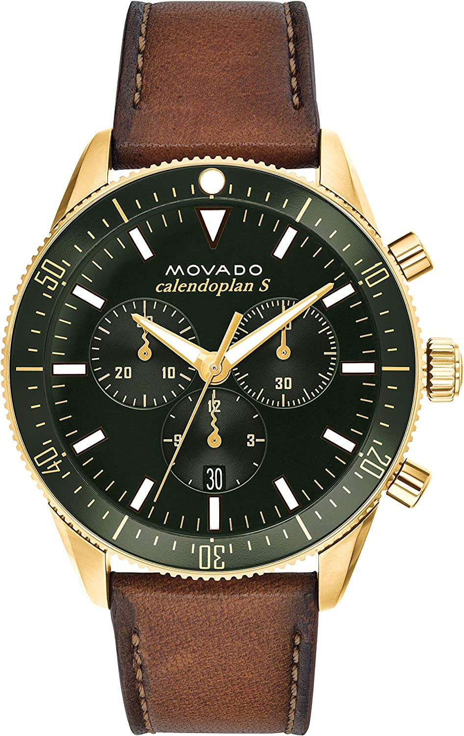 Movado Heritage Chronograph Green Dial Brown Leather Strap Watch For Men - 3650062