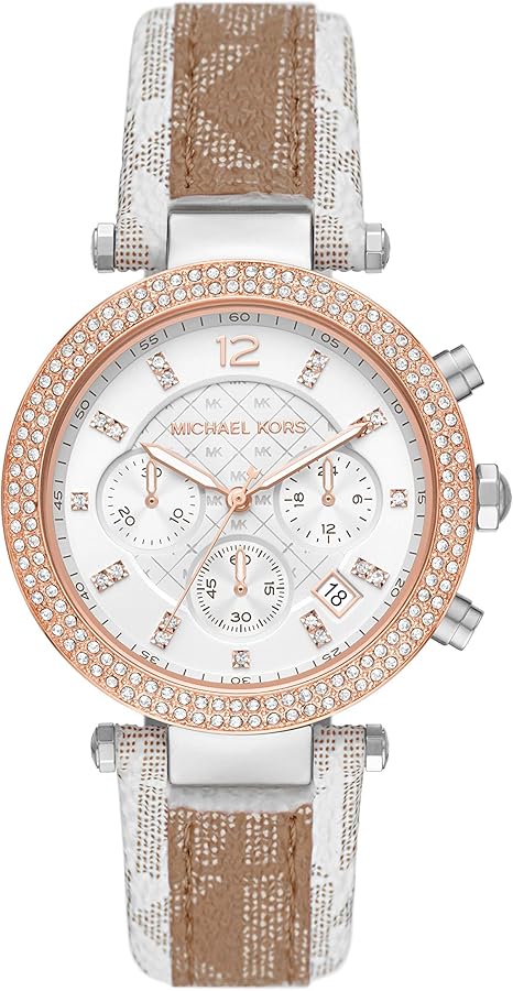 Michael Kors Parker Chronograph White Dial Two Tone Leather Strap Watch For Women - MK6950