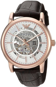 Emporio Armani Meccanico Silver Skeleton Dial Brown Leather Strap Watch For Men - AR1983