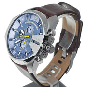 Diesel Mega Chief Chronograph Blue Dial Brown Leather Strap Watch For Men - DZ4281