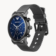 Emporio Armani Chronograph Blue Dial Gun Metallic Mesh Bracelet Watch For Men - AR1979