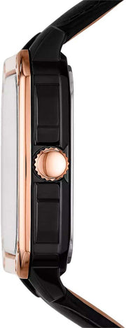 Fossil Inscription Automatic Skeleton Rose Gold Dial Black Leather Strap Watch for Men - BQ2572