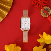 Daniel Wellington Quadro Melrose White Dial Gold Mesh Strap Watch For Women - DW00100431
