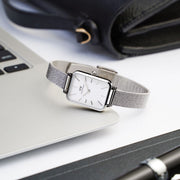 Daniel Wellington Quadro Sterling White Dial Silver Mesh Strap Watch For Women - DW00100438