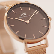 Daniel Wellington Petite Amber Brown Dial Gold Mesh Strap Watch For Women - DW00100476