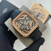 Fossil Inscription Automatic Skeleton Rose Gold Dial Black Leather Strap Watch for Men - BQ2572