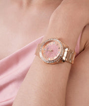 Guess Glitter Diamonds Pink Dial Rose Gold Steel Strap Watch for Women - GW0405L3