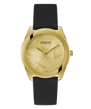 Guess Cubed Analog Gold Dial Black Silicone Strap Watch For Women - GW0665L1