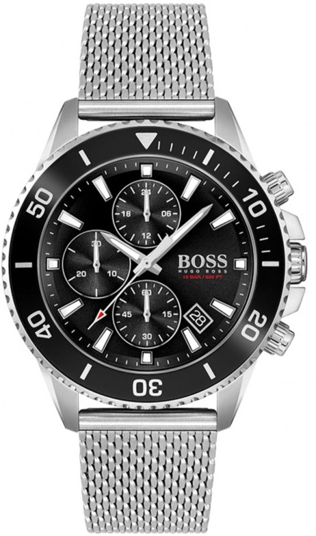 Hugo Boss Admiral Chronograph Black Dial Silver Mesh Bracelet Watch for Men - 1513904