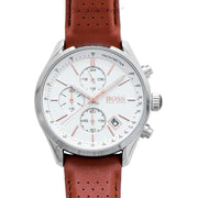Hugo Boss Grand Prix Chronograph White Dial Brown Leather Strap Watch for Men - 1513475