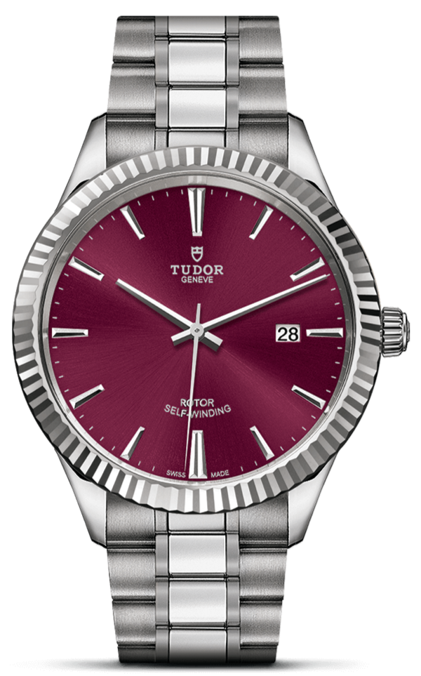 Tudor Style Automatic Burgundy Red Dial Silver Steel Strap Watch for Men - M12710-0015