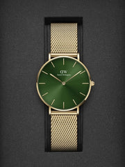 Daniel Wellington Petite Emerald Green Dial Gold Mesh Strap Watch For Women - DW00100481