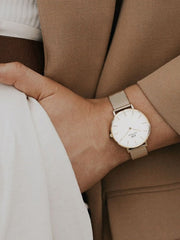 Daniel Wellington Classic Petite White Dial Gold Mesh Bracelet Watch For Women - DW00100348