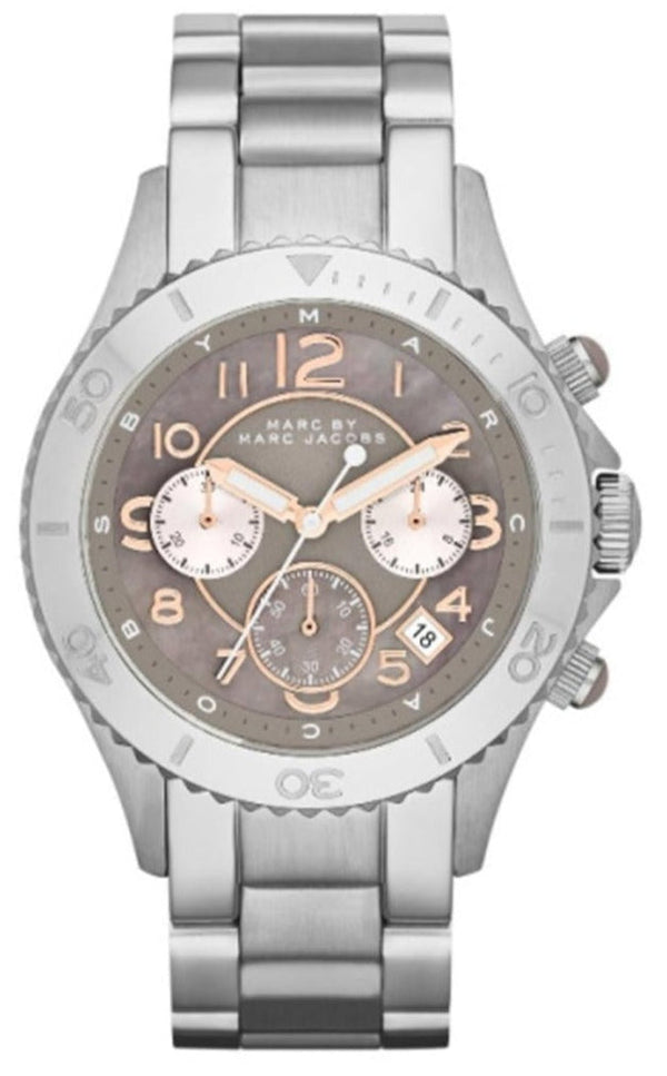 Marc Jacobs Rock Chronograph Mother of Pearl Grey Dial Silver Steel Strap Watch for Women - MBM3250