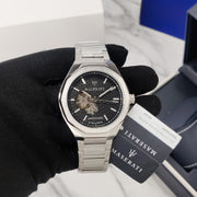 Maserati Stile Skeleton Automatic Black Dial Silver Steel Strap Watch For Men - R8823142002