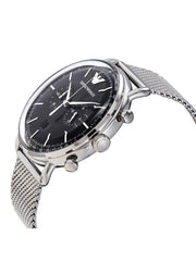Emporio Armani Chronograph Black Dial Silver Mesh Bracelet Watch For Men - AR11104