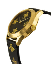 Gucci G Timeless Bee Motif Black Dial Black Leather Strap Watch For Women - YA1264055