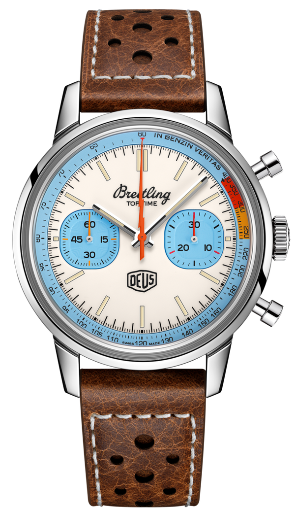 Breitling Top Time Deus Limited Edition White Dial Brown Leather Strap Watch for Men - A233112A1A1X1