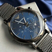 Emporio Armani Chronograph Blue Dial Gun Metallic Mesh Bracelet Watch For Men - AR1979