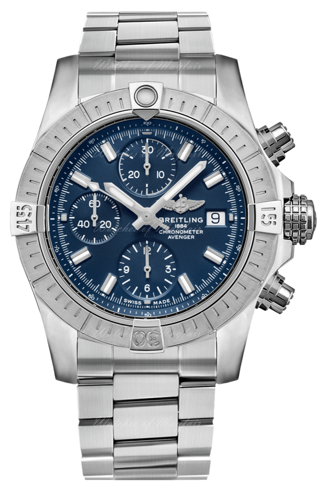 Breitling Avenger Chronograph 45mm Blue Dial Silver Steel Strap Watch for Men - A13317101C1A1