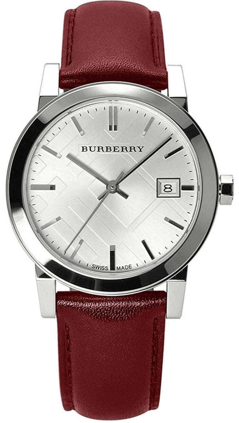 Burberry The City Silver Dial Red Leather Strap Watch for Women - BU9129