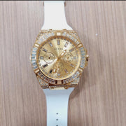 Guess Baguette Crystals Gold Dial White Silicone Strap Watch For Men - GW0208G3