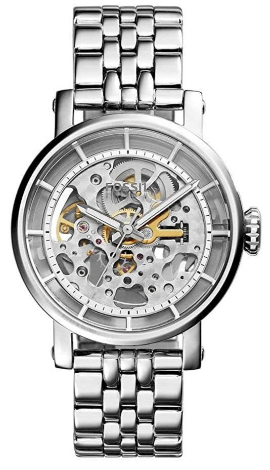 Fossil Boyfriend Automatic Skeleton Silver Dial Silver Steel Strap Watch for Women - ME3067