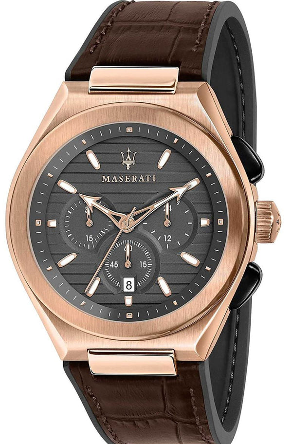 Maserati Triconic Chronograph Grey Dial Brown Leather Strap Watch For Men - R8871639003