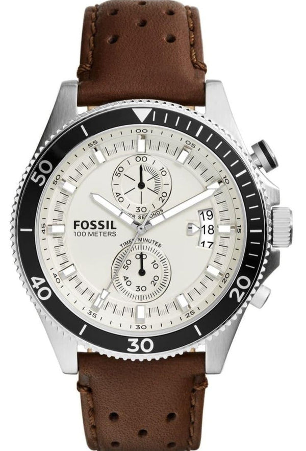 Fossil Wakefield Chronograph White Dial Brown Leather Strap Watch for Men - CH2943