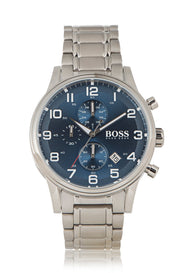 Hugo Boss Aeroliner Chronograph Blue Dial Silver Steel Strap Watch for Men - 1513183