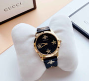 Gucci G Timeless Bee Motif Black Dial Black Leather Strap Watch For Women - YA1264055