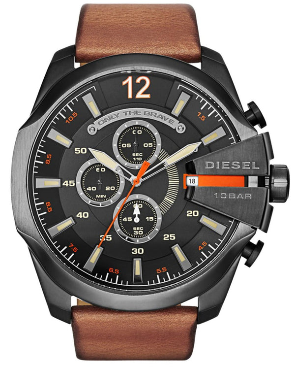 Diesel Mega Chief Chronograph Black Dial Brown Leather Strap Watch For Men - DZ4343