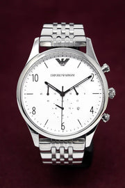 Emporio Armani Classic Chronograph Silver Dial Silver Steel Strap Watch For Men - AR1879