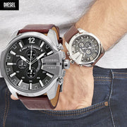 Diesel Mega Chief Chronograph Black Dial Brown Leather Strap Watch For Men - DZ4290